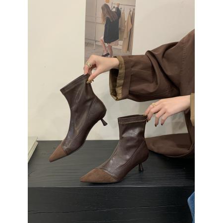 X-32933# 新款秋冬新绒面短靴时尚简约款细跟中跟气质百搭拼接瘦瘦靴 鞋子批发女鞋批发货源