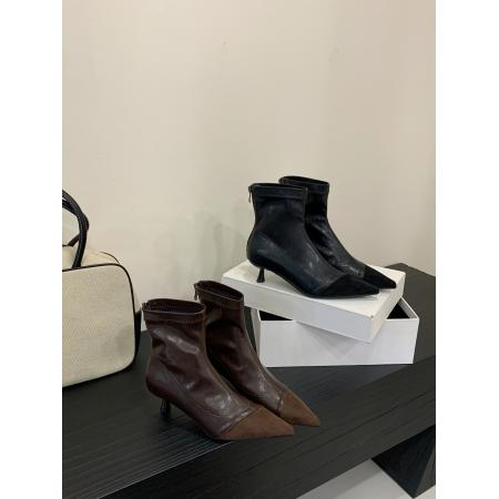 X-32933# 新款秋冬新绒面短靴时尚简约款细跟中跟气质百搭拼接瘦瘦靴 鞋子批发女鞋批发货源