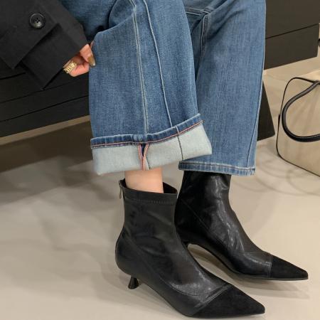 X-32933# 新款秋冬新绒面短靴时尚简约款细跟中跟气质百搭拼接瘦瘦靴 鞋子批发女鞋批发货源