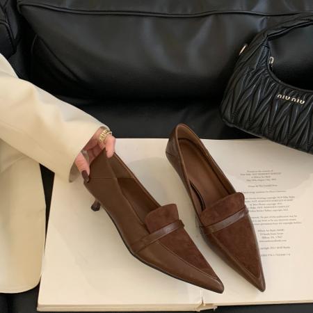 X-32936# 新款秋季尖头深口细跟低跟法式英伦风时尚百搭拼接单鞋女 鞋子批发女鞋批发货源