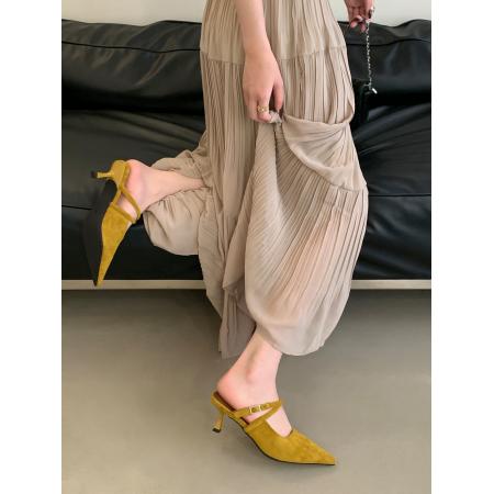 X-32938# 新款秋季细跟高跟尖头一字带浅口扣子包头拖时尚百搭半拖鞋女 鞋子批发女鞋批发货源