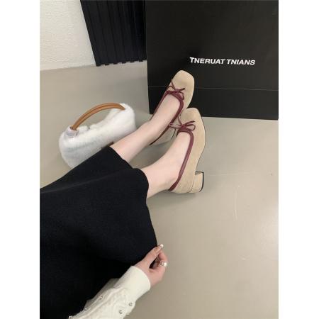 X-32943# 新款冬季粗跟大头单鞋蝴蝶结拼色绒里 鞋子批发女鞋批发货源