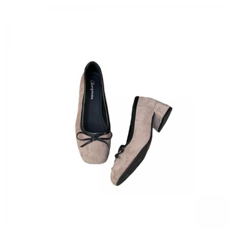 X-32943# 新款冬季粗跟大头单鞋蝴蝶结拼色绒里 鞋子批发女鞋批发货源