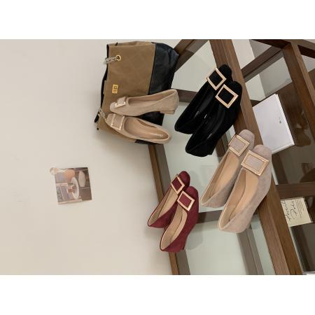 X-32945# 新款韩版方扣绒料方头低跟单鞋酒红色 鞋子批发女鞋批发货源