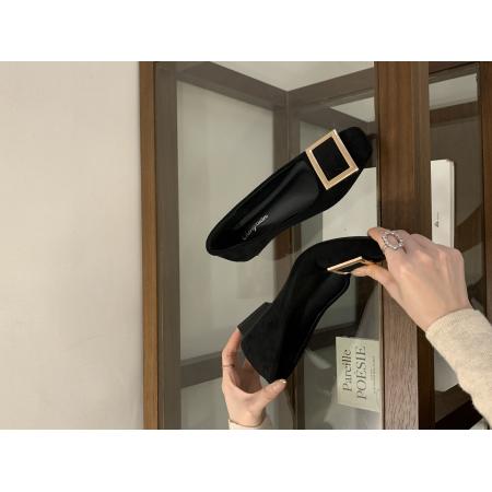 X-32945# 新款韩版方扣绒料方头低跟单鞋酒红色 鞋子批发女鞋批发货源