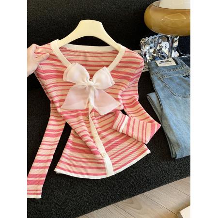 FA47120# 秋季法式蝴蝶结长袖针织上衣女装秋装新款条纹拼接开衫  服裝批發女裝批發服飾貨源