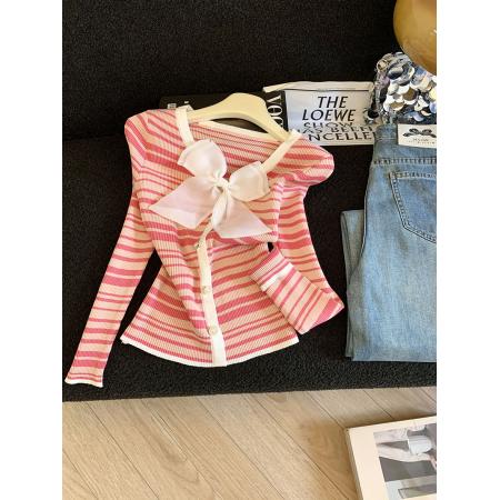 FA47120# 秋季法式蝴蝶结长袖针织上衣女装秋装新款条纹拼接开衫  服裝批發女裝批發服飾貨源