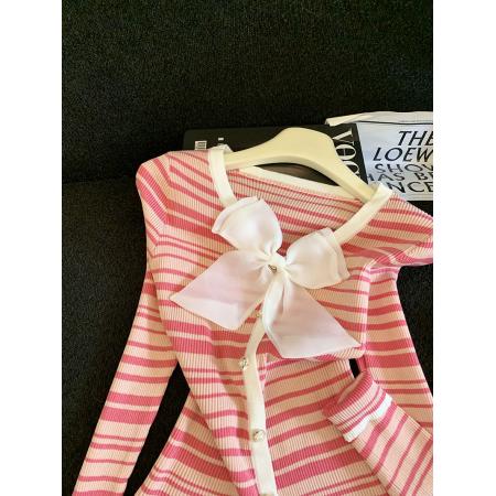 FA47120# 秋季法式蝴蝶结长袖针织上衣女装秋装新款条纹拼接开衫  服裝批發女裝批發服飾貨源