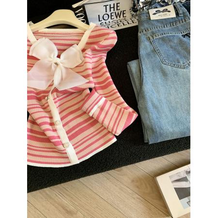 FA47120# 秋季法式蝴蝶结长袖针织上衣女装秋装新款条纹拼接开衫  服裝批發女裝批發服飾貨源