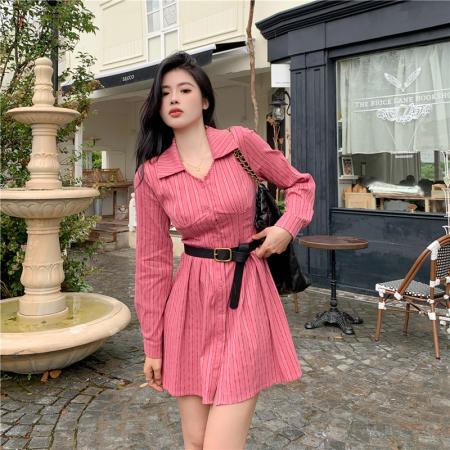 FA47121# 复古轻奢条纹长袖红色衬衫裙新款高级设计感胖妹妹收腰显瘦连衣裙  服裝批發女裝批發服飾貨源