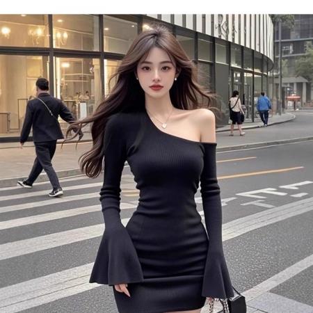 FA47122# 黑色斜肩喇叭袖内搭连衣裙女秋冬季收腰显瘦高级感轻奢性感短裙子  服裝批發女裝批發服飾貨源