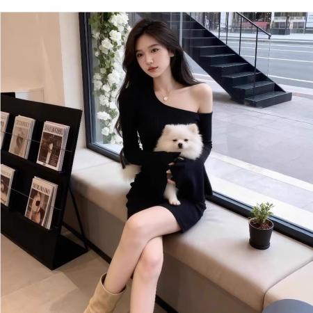 FA47122# 黑色斜肩喇叭袖内搭连衣裙女秋冬季收腰显瘦高级感轻奢性感短裙子  服裝批發女裝批發服飾貨源