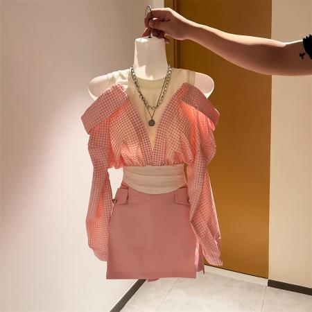 FA47123# 法式露肩粉色格子长袖衬衫高腰半身裙两件套女秋季新款甜辣妹套装  服裝批發女裝批發服飾貨源