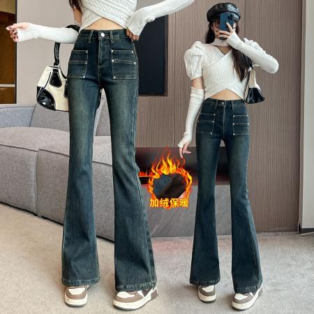 FA47124# 高腰牛仔微喇裤女冬季韩版设计口袋加绒加厚弹力阔腿长裤  服裝批發女裝批發服飾貨源