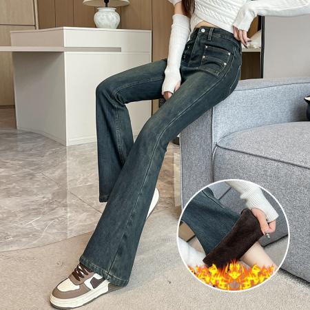 FA47124# 高腰牛仔微喇裤女冬季韩版设计口袋加绒加厚弹力阔腿长裤  服裝批發女裝批發服飾貨源