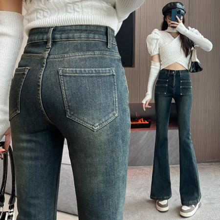 FA47124# 高腰牛仔微喇裤女冬季韩版设计口袋加绒加厚弹力阔腿长裤  服裝批發女裝批發服飾貨源