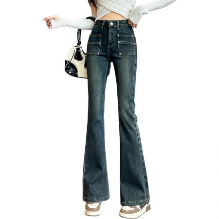 FA47124# 高腰牛仔微喇裤女冬季韩版设计口袋加绒加厚弹力阔腿长裤  服裝批發女裝批發服飾貨源