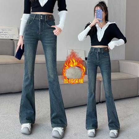 FA47125# 双扣弹力水泥灰微喇牛仔裤女冬季高腰宽松显瘦加绒直筒裤  服裝批發女裝批發服飾貨源