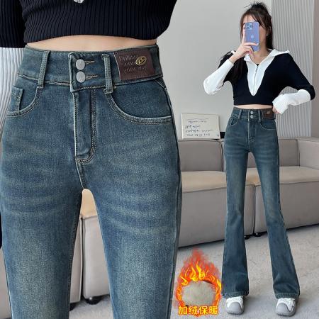 FA47125# 双扣弹力水泥灰微喇牛仔裤女冬季高腰宽松显瘦加绒直筒裤  服裝批發女裝批發服飾貨源
