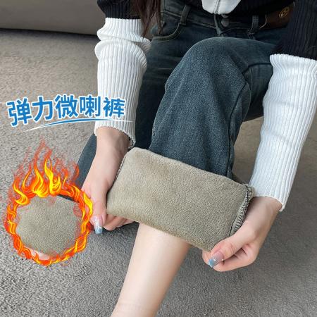 FA47125# 双扣弹力水泥灰微喇牛仔裤女冬季高腰宽松显瘦加绒直筒裤  服裝批發女裝批發服飾貨源