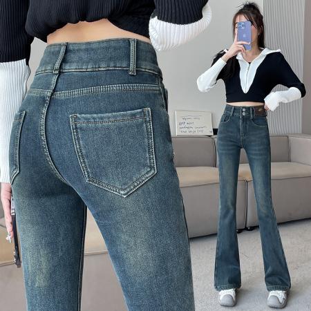 FA47125# 双扣弹力水泥灰微喇牛仔裤女冬季高腰宽松显瘦加绒直筒裤  服裝批發女裝批發服飾貨源