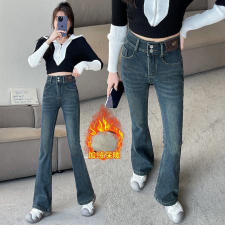 FA47125# 双扣弹力水泥灰微喇牛仔裤女冬季高腰宽松显瘦加绒直筒裤  服裝批發女裝批發服飾貨源