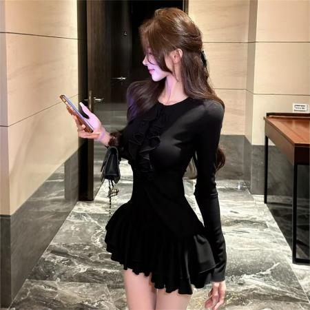 FA47126# 美拉德风焦糖色木耳边长袖蛋糕连衣裙女秋季新款收腰显瘦气质短裙  服裝批發女裝批發服飾貨源