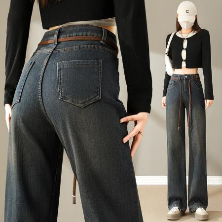 FA47127# 加绒保暖抽绳牛仔阔腿拖地裤女冬季韩版弹力垂感直筒长裤  服裝批發女裝批發服飾貨源
