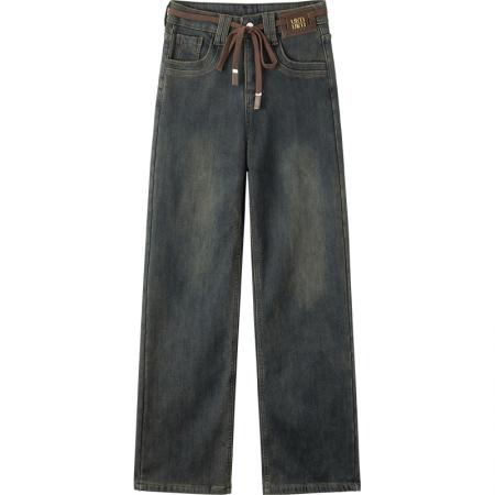 FA47127# 加绒保暖抽绳牛仔阔腿拖地裤女冬季韩版弹力垂感直筒长裤  服裝批發女裝批發服飾貨源