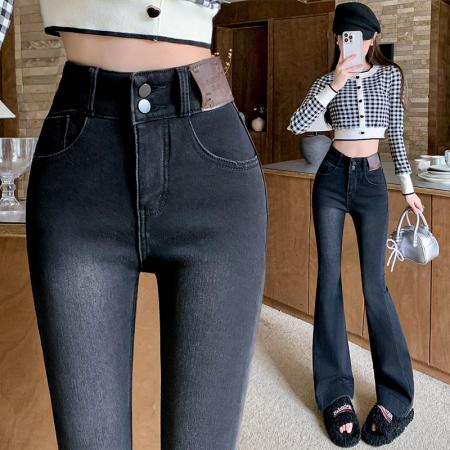 FA47128# 高腰弹力牛仔微喇裤女冬季新款韩版加绒加厚垂感阔腿长裤  服裝批發女裝批發服飾貨源