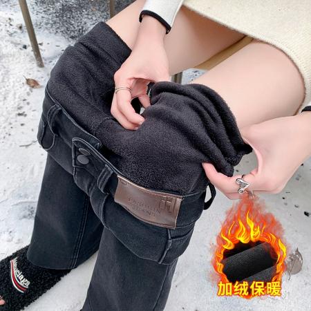 FA47128# 高腰弹力牛仔微喇裤女冬季新款韩版加绒加厚垂感阔腿长裤  服裝批發女裝批發服飾貨源