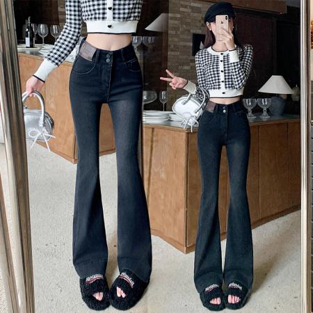 FA47128# 高腰弹力牛仔微喇裤女冬季新款韩版加绒加厚垂感阔腿长裤  服裝批發女裝批發服飾貨源