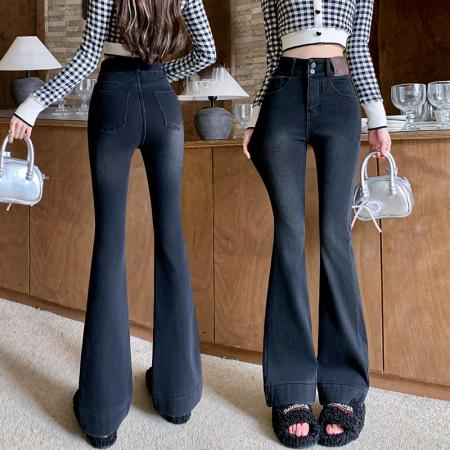 FA47128# 高腰弹力牛仔微喇裤女冬季新款韩版加绒加厚垂感阔腿长裤  服裝批發女裝批發服飾貨源