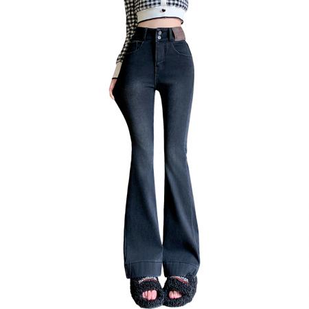 FA47128# 高腰弹力牛仔微喇裤女冬季新款韩版加绒加厚垂感阔腿长裤  服裝批發女裝批發服飾貨源