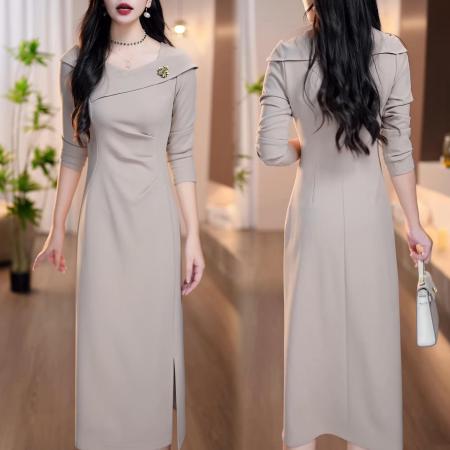 FA47129# 秋季法式时尚小众设计款侧开叉高腰遮肚显瘦中长款连衣裙  服裝批發女裝批發服飾貨源