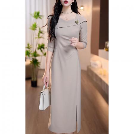 FA47129# 秋季法式时尚小众设计款侧开叉高腰遮肚显瘦中长款连衣裙  服裝批發女裝批發服飾貨源