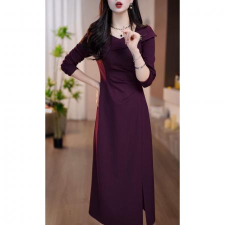 FA47129# 秋季法式时尚小众设计款侧开叉高腰遮肚显瘦中长款连衣裙  服裝批發女裝批發服飾貨源