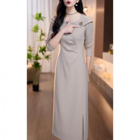 FA47129# 秋季法式时尚小众设计款侧开叉高腰遮肚显瘦中长款连衣裙  服裝批發女裝批發服飾貨源