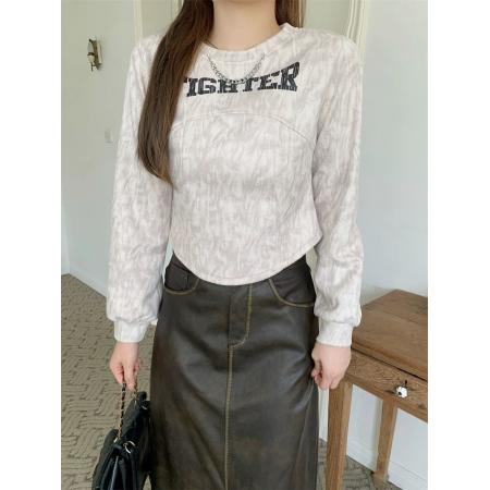 FA47131# 设计感印花长袖T恤女秋新款正肩显瘦短款独特上衣  服裝批發女裝批發服飾貨源