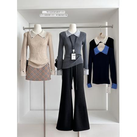 FA47132# 冬灰色假两件针织衫内搭修身小众设计感巨好看的长袖上衣  服裝批發女裝批發服飾貨源