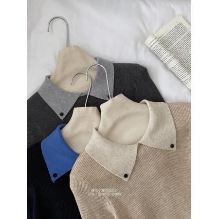 FA47132# 冬灰色假两件针织衫内搭修身小众设计感巨好看的长袖上衣  服裝批發女裝批發服飾貨源