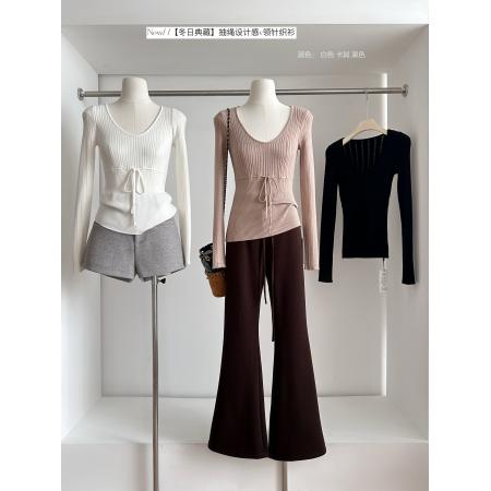 FA47133# 冬日典藏抽绳设计感v领针织衫女冬季修身长袖上衣  服裝批發女裝批發服飾貨源