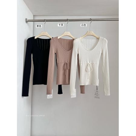 FA47133# 冬日典藏抽绳设计感v领针织衫女冬季修身长袖上衣  服裝批發女裝批發服飾貨源
