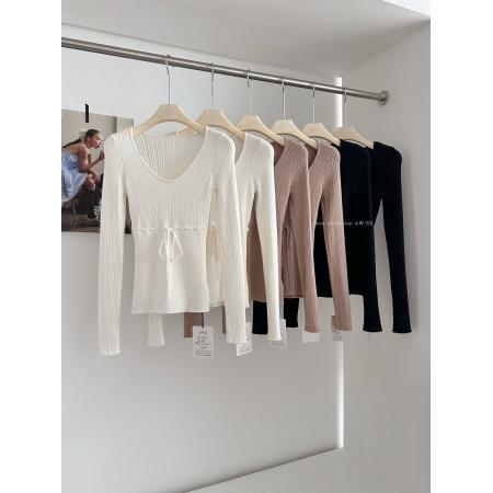 FA47133# 冬日典藏抽绳设计感v领针织衫女冬季修身长袖上衣  服裝批發女裝批發服飾貨源