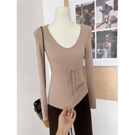 FA47133# 冬日典藏抽绳设计感v领针织衫女冬季修身长袖上衣  服裝批發女裝批發服飾貨源