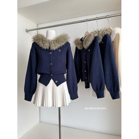 FA47134# 乌蘑蓬松保暖毛毛领连帽开衫休闲百搭立体绞花收腰显瘦毛衣  服裝批發女裝批發服飾貨源