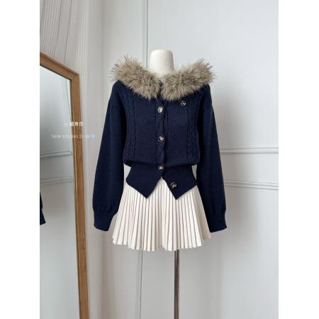 FA47134# 乌蘑蓬松保暖毛毛领连帽开衫休闲百搭立体绞花收腰显瘦毛衣  服裝批發女裝批發服飾貨源