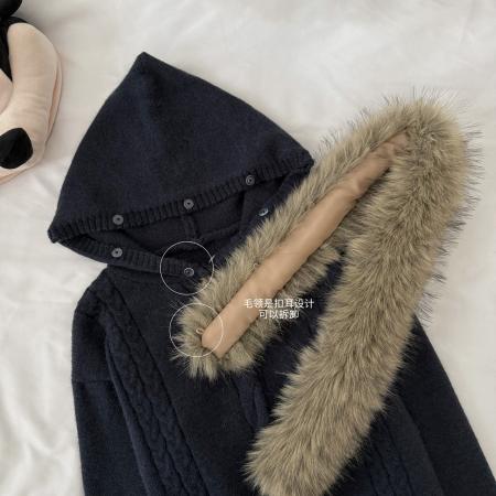 FA47134# 乌蘑蓬松保暖毛毛领连帽开衫休闲百搭立体绞花收腰显瘦毛衣  服裝批發女裝批發服飾貨源