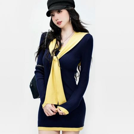 FA47135# V领飘带绑带撞色连衣裙女秋季新款内搭修身长袖  服裝批發女裝批發服飾貨源