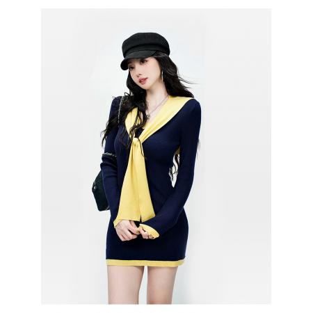 FA47135# V领飘带绑带撞色连衣裙女秋季新款内搭修身长袖  服裝批發女裝批發服飾貨源